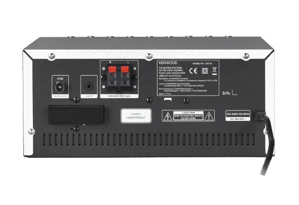 Kenwood, M-9000S-S muzikinis centras, sidabr. sp. - galinė panelė su jungtimis ir etiketėmis