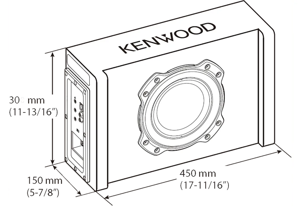Kenwood PA-W801B, Aktyvus subas 400W - matmenys ir jungčių panelė iš šono