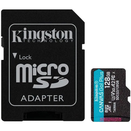 Kingston 128GB microSDXC Canvas Go Plus 170R A2 U3 V30, atminties kort - microSD adapteris su kortele šalia