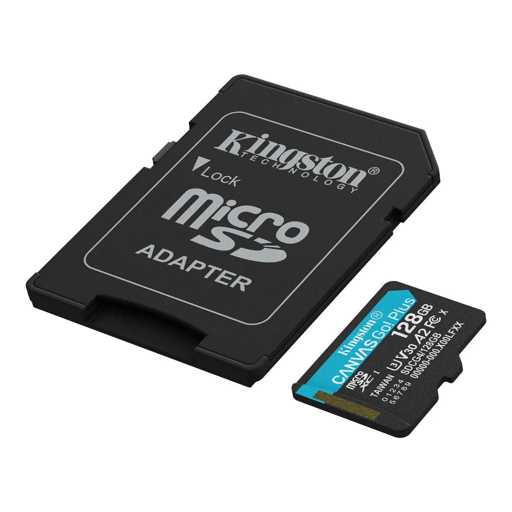 Kingston Canvas Go! Plus 128GB microSD, atminties kortelė, 200/100 MB/s - microSD kortelė su adapteriu iš arti