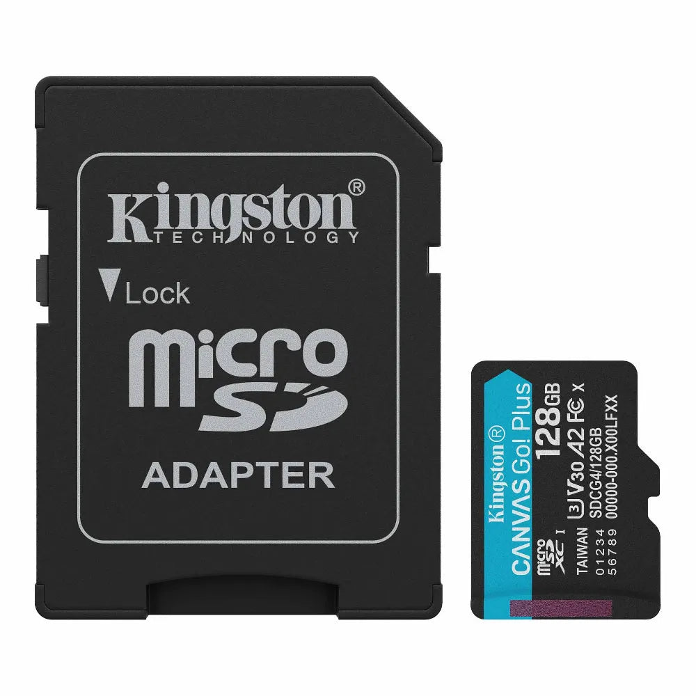 Kingston Canvas Go! Plus 128GB microSD, atminties kortelė, 200/100 MB/s - microSD kortelė su adapteriu šalia