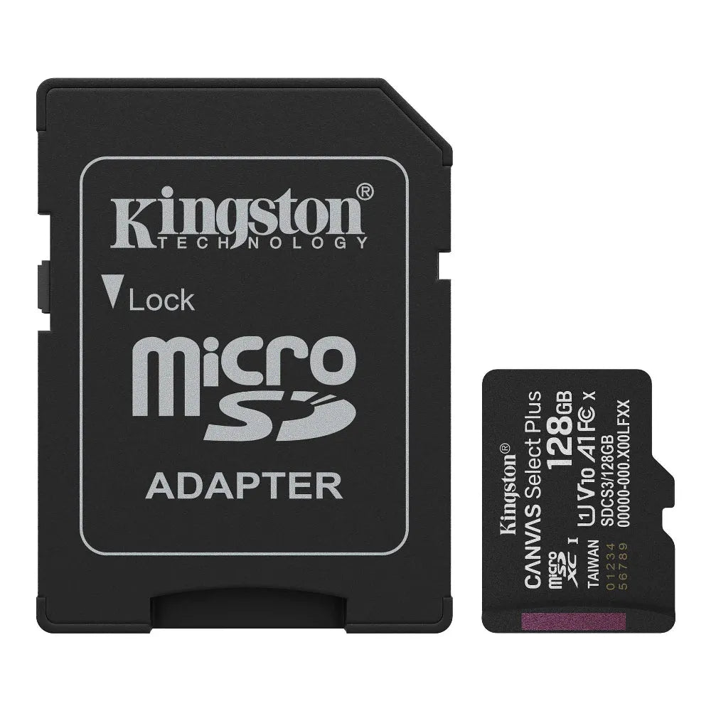 Kingston Canvas Select Plus 128 GB microSD, atminties kortelė, 150 MB/s - atminties kortelė su adapteriu iš arti