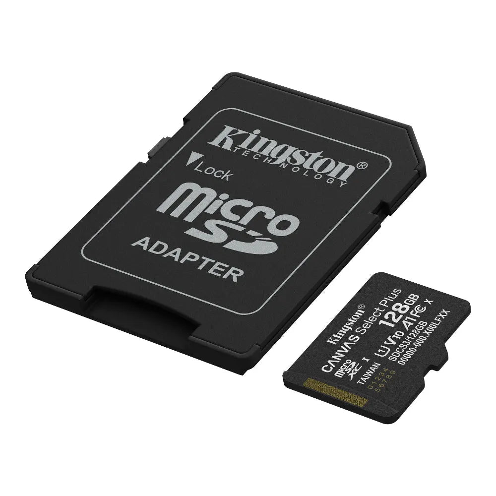 Kingston Canvas Select Plus 128 GB microSD, atminties kortelė, 150 MB/s - microSD kortelė ir adapteris iš arti