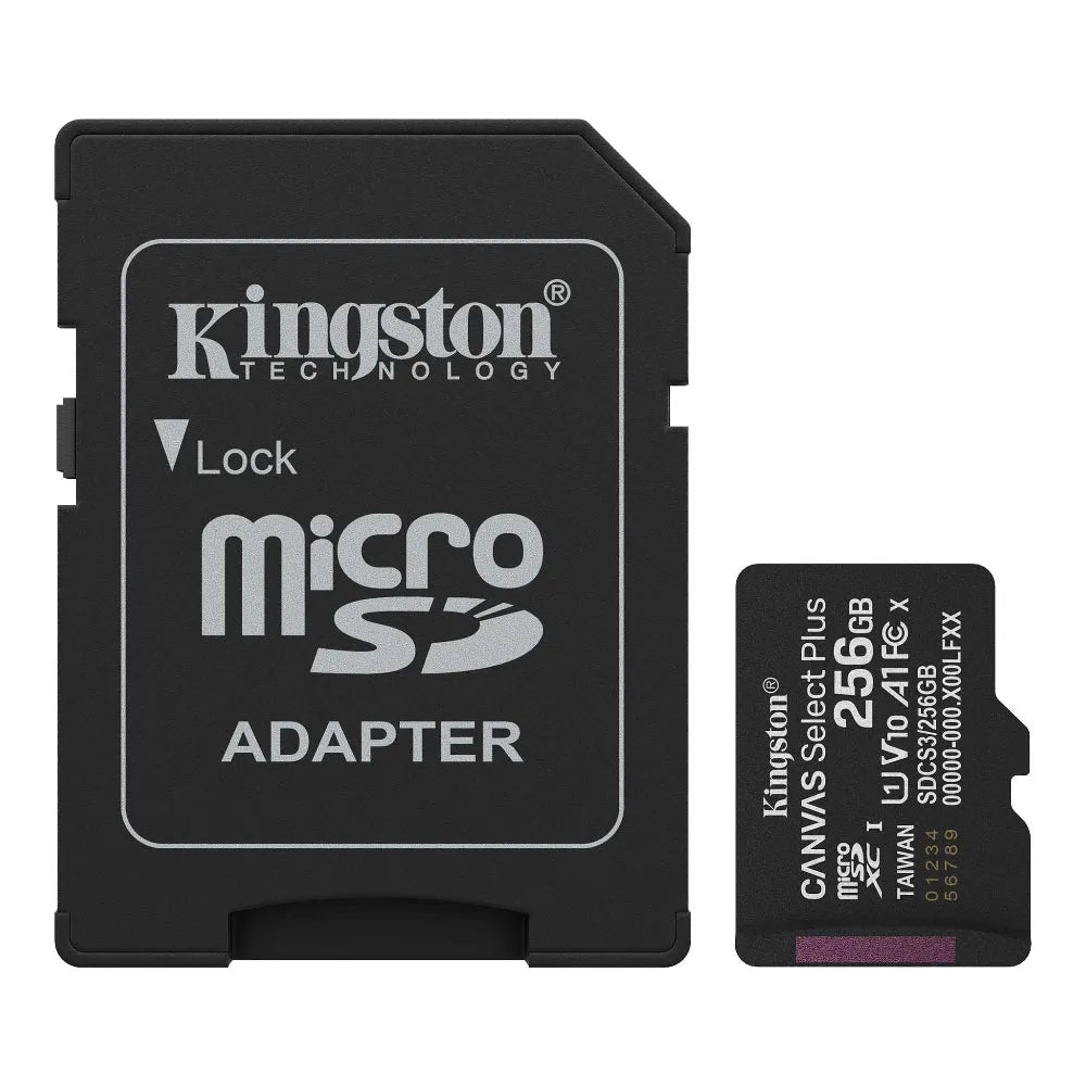 Kingston Canvas Select Plus 256 GB microSD, atminties kortelė, 150 MB/s - atminties kortelė ir adapteris šalia