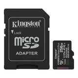 Kingston Canvas Select Plus 256 GB microSD, atminties kortelė, 150 MB/s - atminties kortelė ir adapteris šalia
