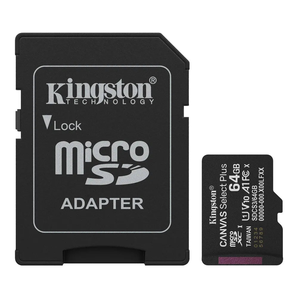Kingston Canvas Select Plus 64 GB microSD, atminties kortelė, 100 MB/s - atminties kortelė ir adapteris šalia