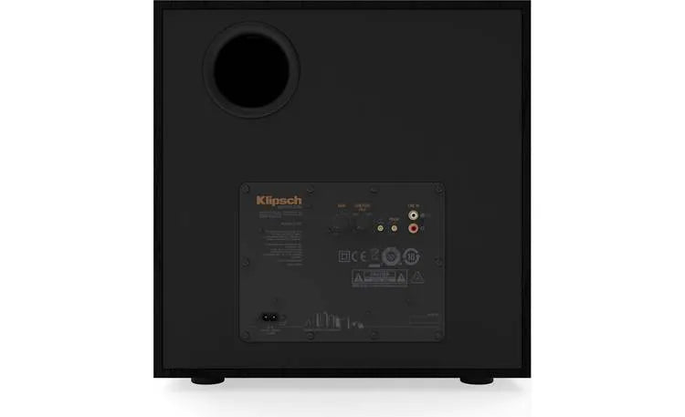 Klipsch R-121SW, aktyvi žemų dažnių garso kolonėlė - Galinė panelė su jungtimis ir logotipais