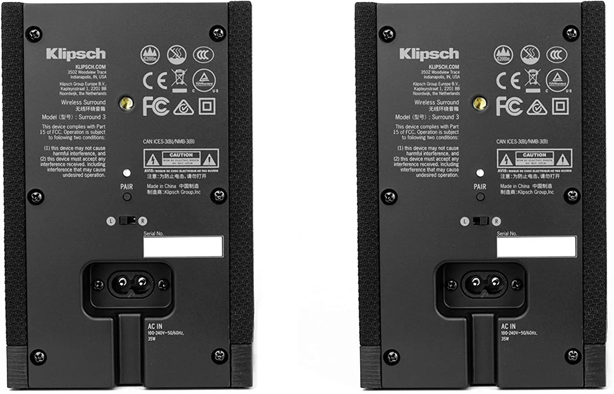 Klipsch Surround 3, papildomos belaidės erdvinio garso kolonėlės soundbarui - galinė panelė su jungtimis ir sertifikatais