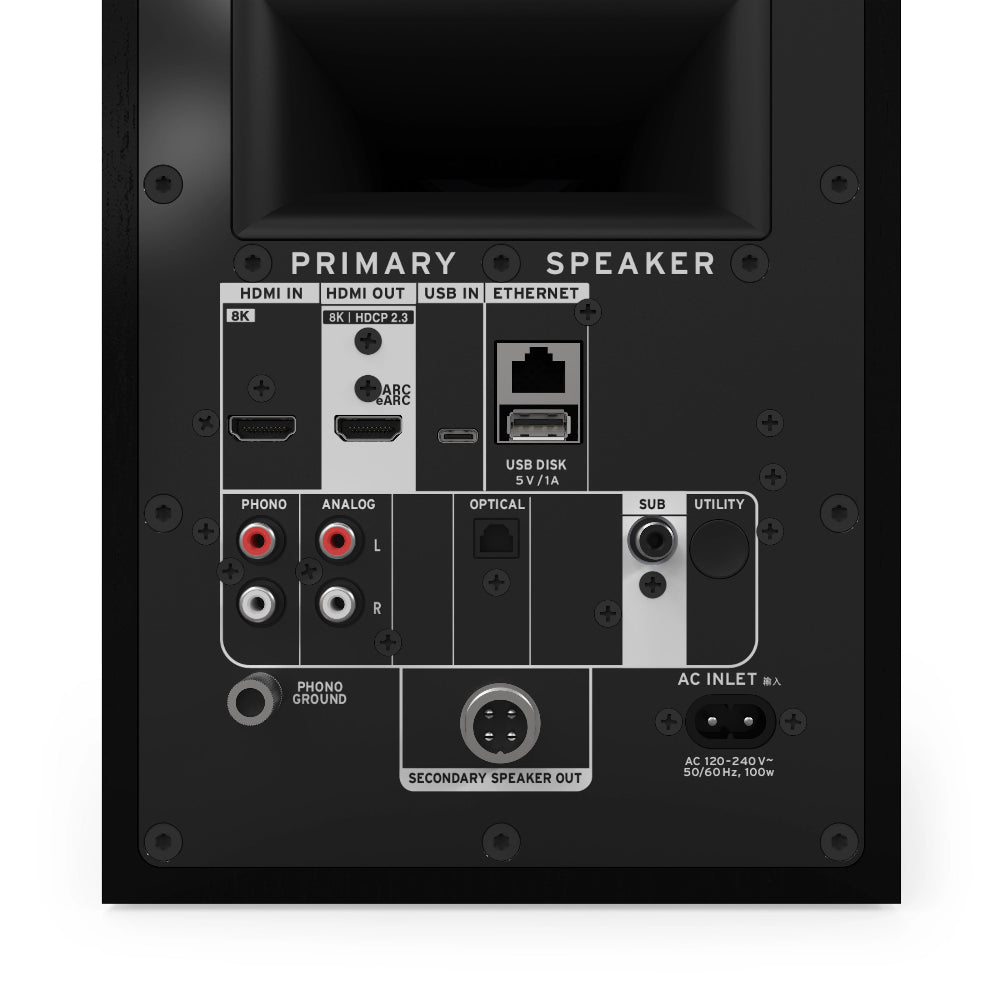 Klipsch The Fives II, aktyvios lentyninės kolonėlės su Dolby Atmos - Galinė panelė su daugybe jungčių