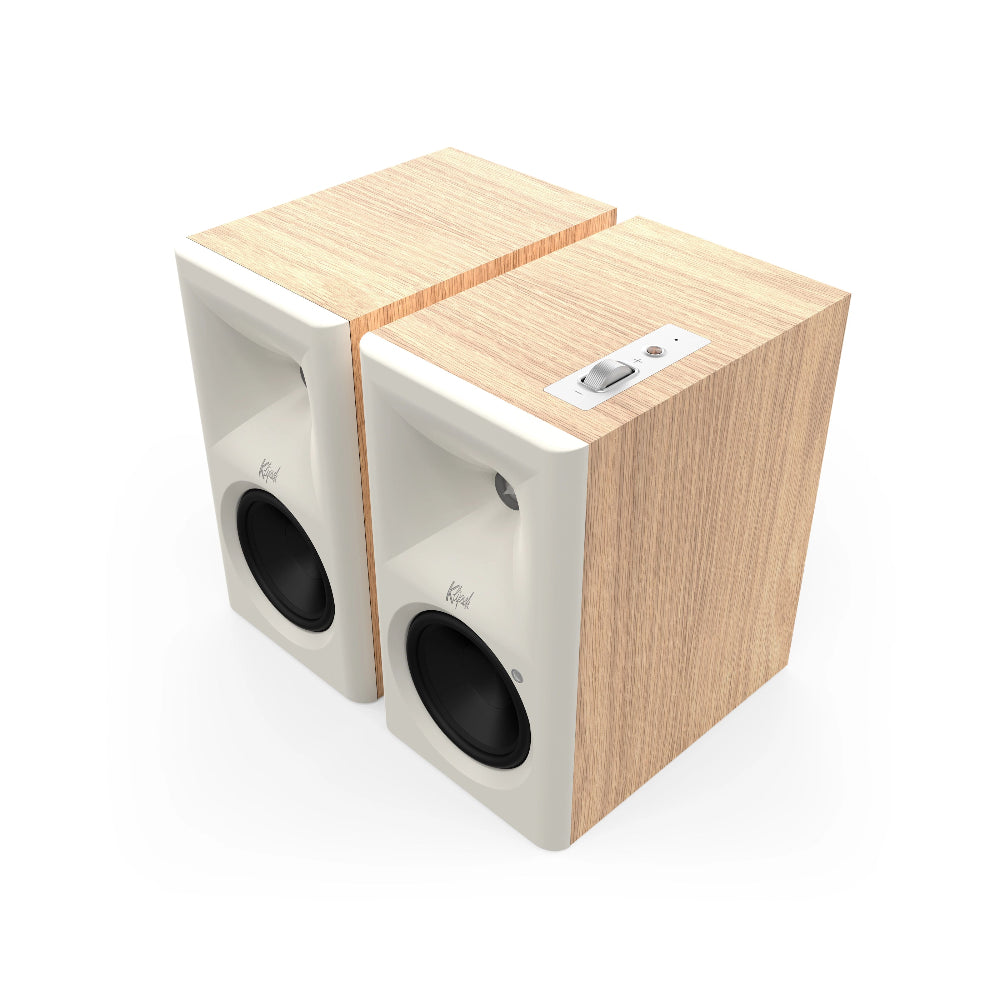 Klipsch The Fives II, aktyvios lentyninės kolonėlės su Dolby Atmos - Garsiakalbių viršus su medžio raštu