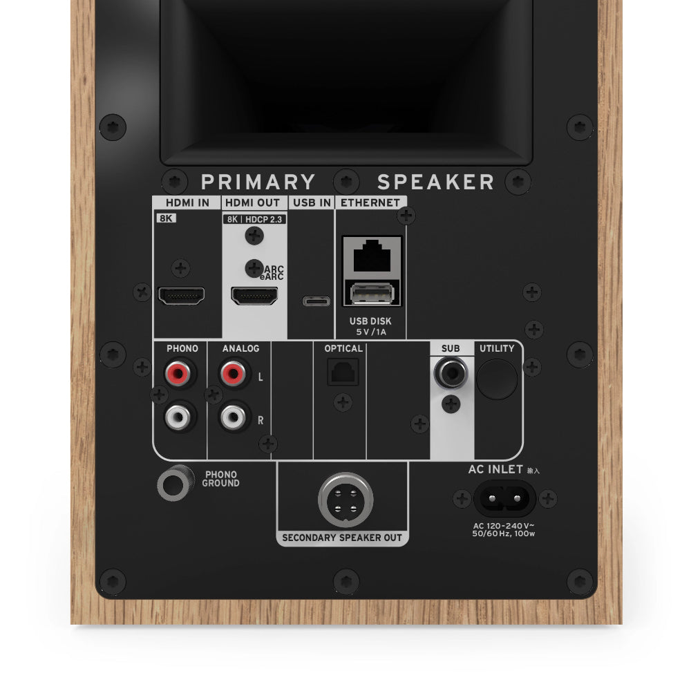 Klipsch The Fives II, aktyvios lentyninės kolonėlės su Dolby Atmos - Kairėje pusėje esančios jungtys ir etiketės