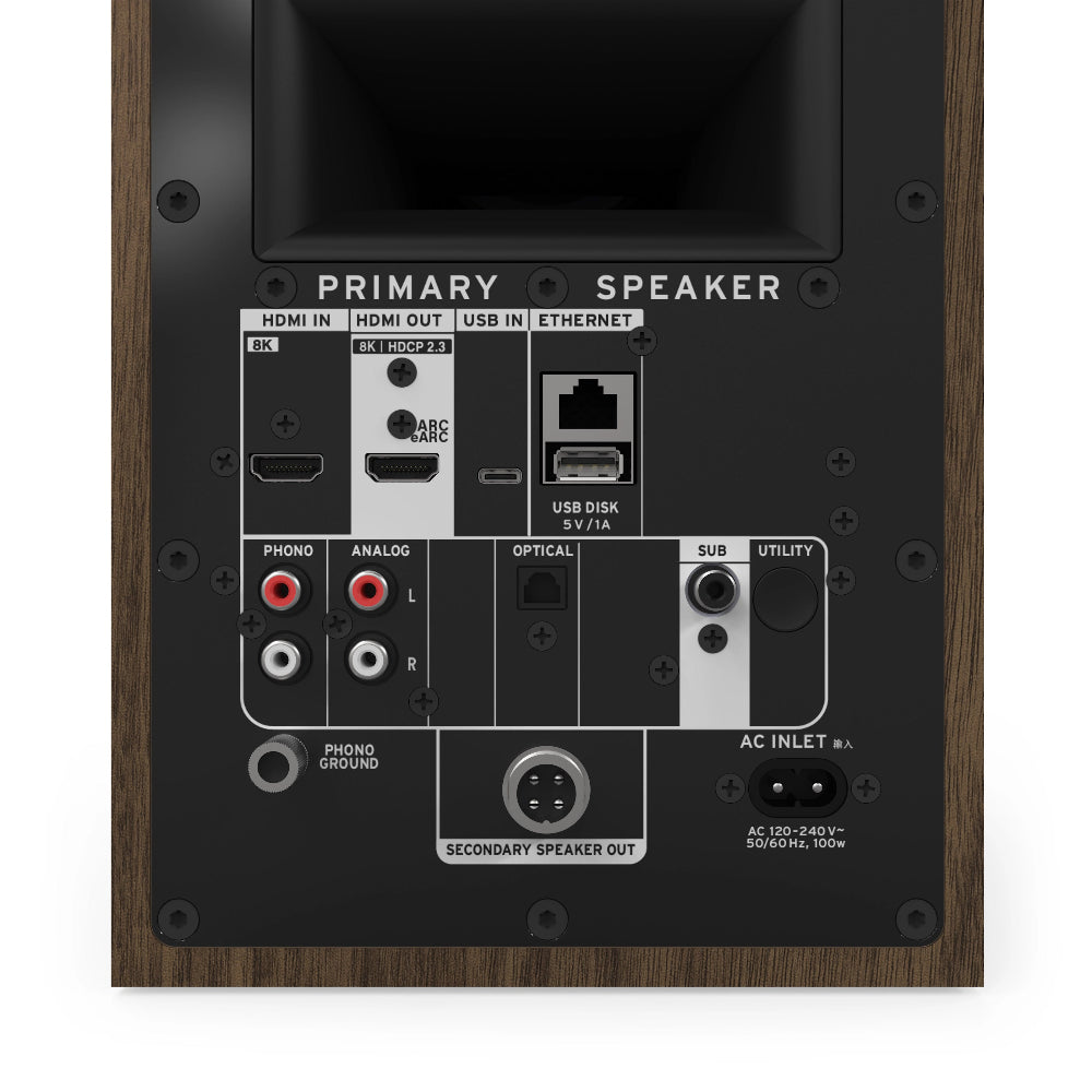 Klipsch The Fives II, aktyvios lentyninės kolonėlės su Dolby Atmos - galinė panelė su jungtimis ir eteriu