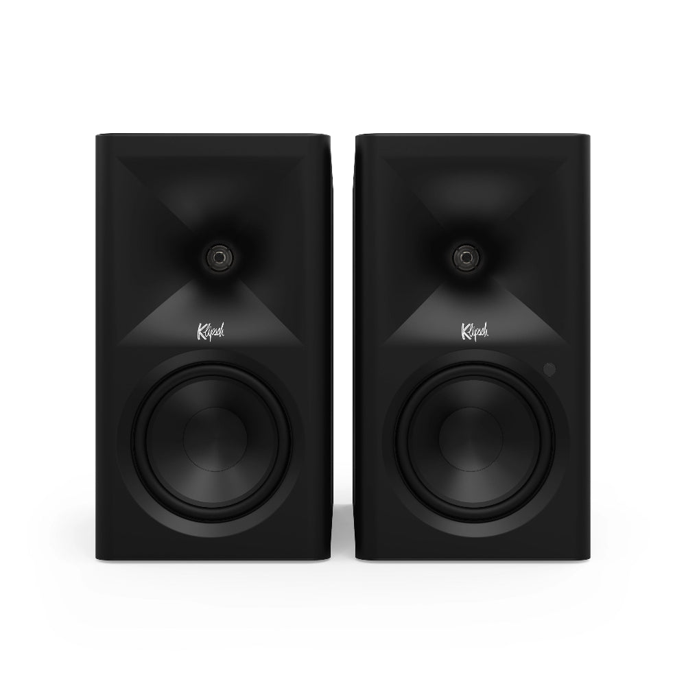 Klipsch The Fives II, aktyvios lentyninės kolonėlės su Dolby Atmos - priekinė panelė su logotipu ir garsiakalbiais