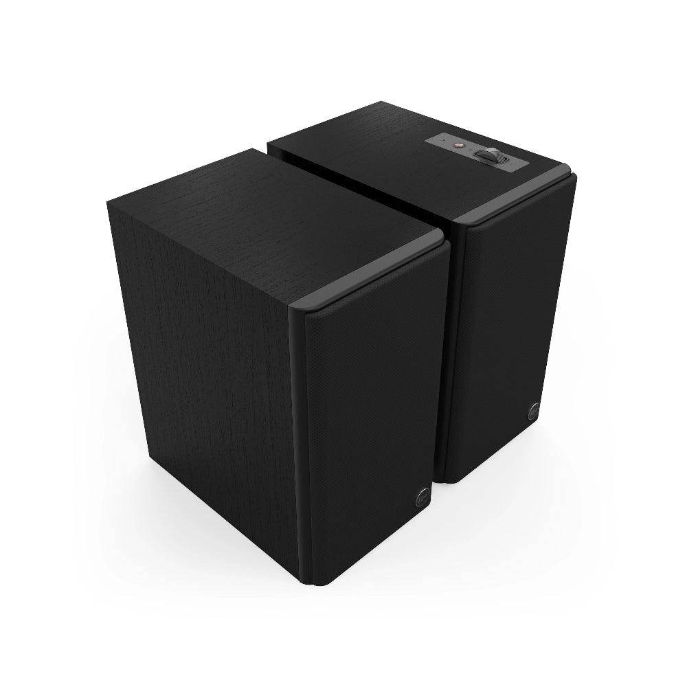 Klipsch The Fives II, aktyvios lentyninės kolonėlės su Dolby Atmos - Du juodi garsiakalbiai su apdaila