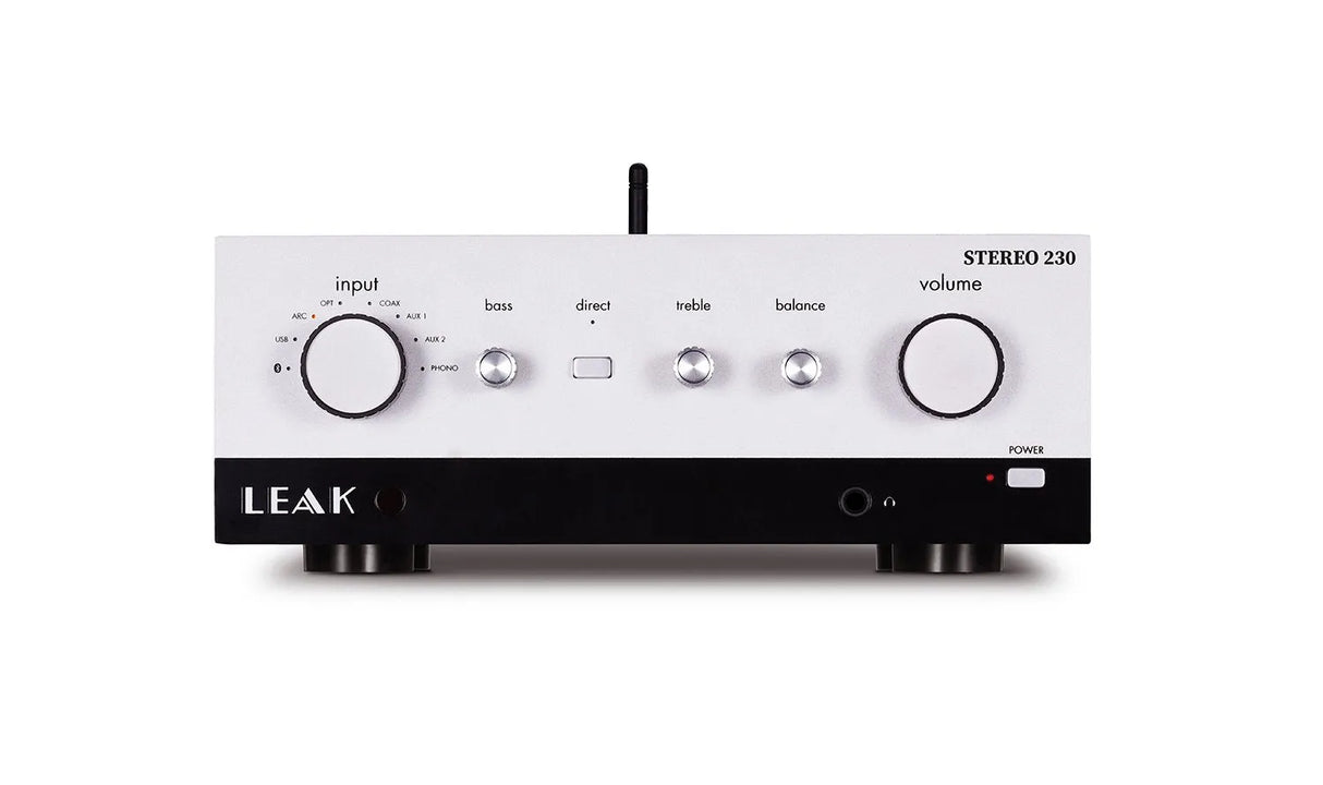 LEAK STEREO 230, integruotas stereo stiprintuvas - priekinė panelė su valdymo elementais ir jungtimis