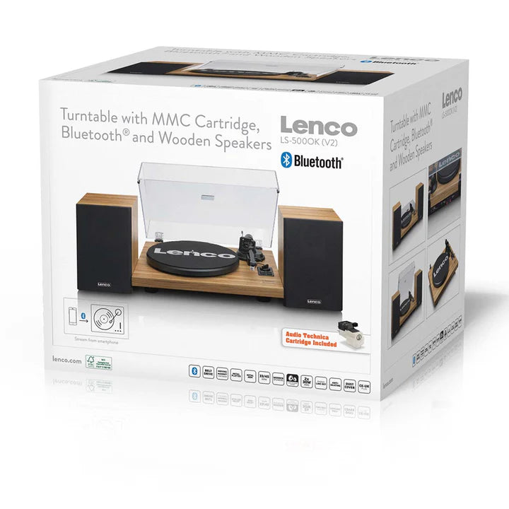 Lenco LS-500OK, patefonas su įmontuotu garso stiprintuvu ir dviem garso kolonėlėmis - detalus vaizdas su pakuote