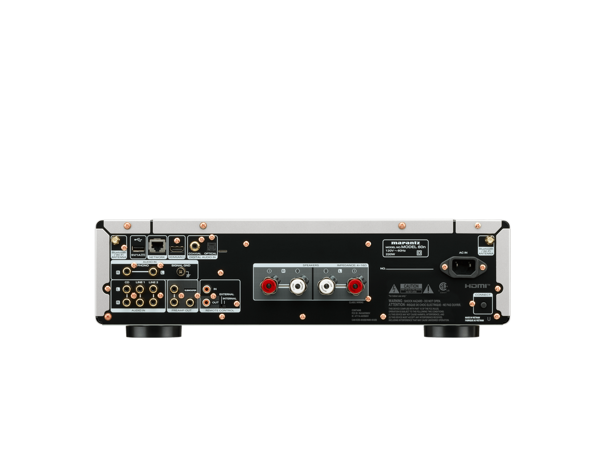 Marantz MODEL 60n, integruotas stereo stiprintuvas su tinklo grotuvu - galinė panelė su jungtimis ir antenomis