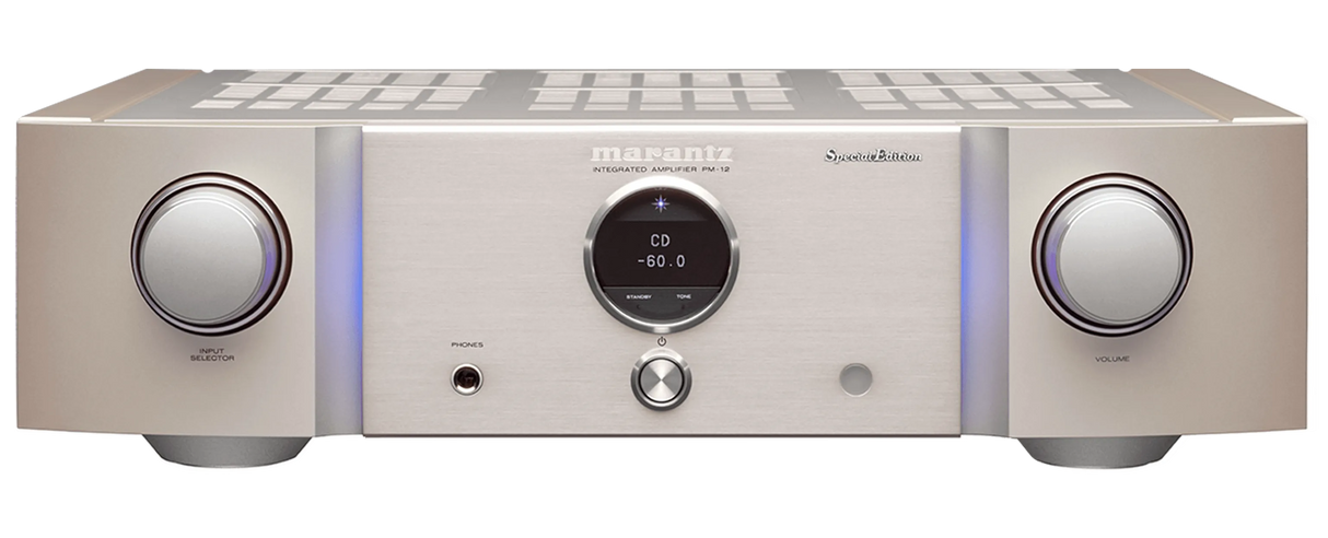 Marantz PM-12 Special Edition, integruotas stereo stiprintuvas 200W - priekinė panelė su apvaliais valdikliais ir ekranėliu