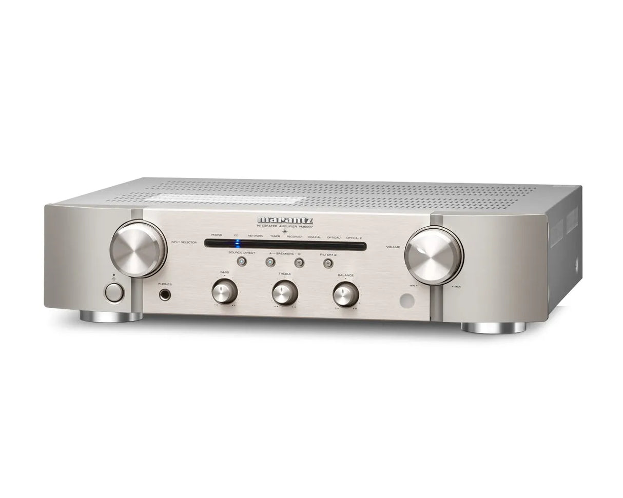 Marantz PM6007, integruotas stereo stiprintuvas - priekinė panelė su mygtukais ir jungtimis