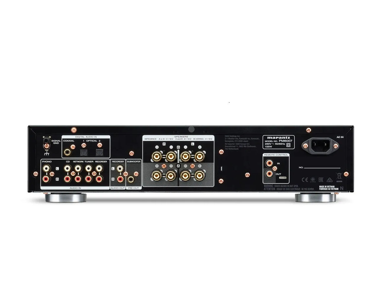Marantz PM6007, integruotas stereo stiprintuvas - galinė panelė su jungtimis ir garsiakalbių išėjimais