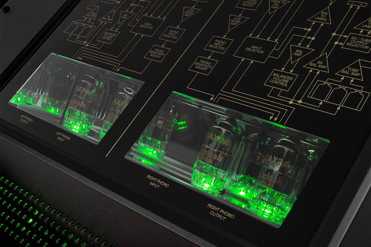 McIntosh C12000, 2-ių kanalų stereo lempinis pradinis stiprintuvas - šviečiantys elektroniniai vamzdeliai su schema