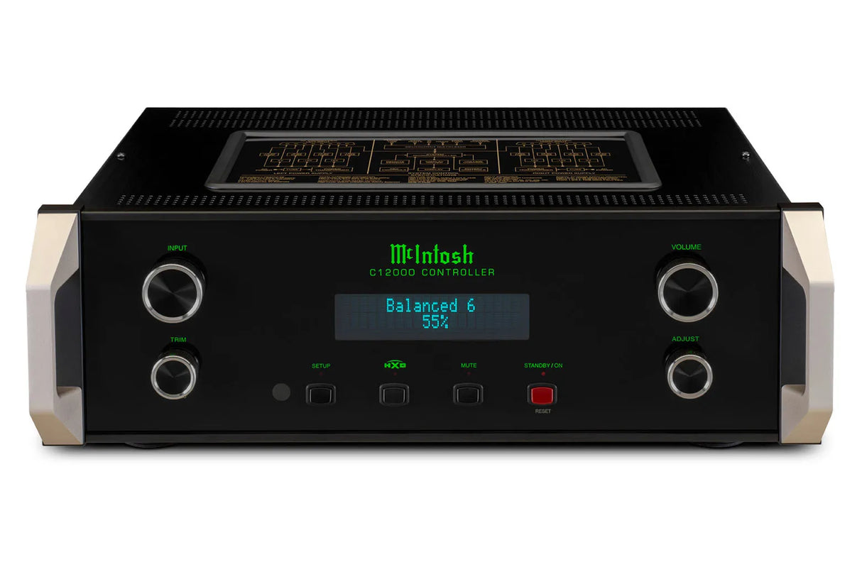 McIntosh C12000, 2-ių kanalų stereo lempinis pradinis stiprintuvas - viršutinė panelė su schemomis ir ventiliacija