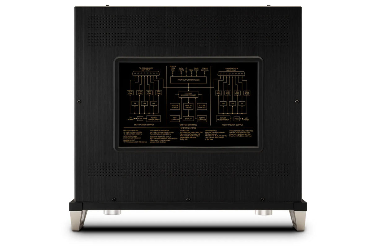 McIntosh C12000, 2-ių kanalų stereo lempinis pradinis stiprintuvas - galinė panelė su schemomis