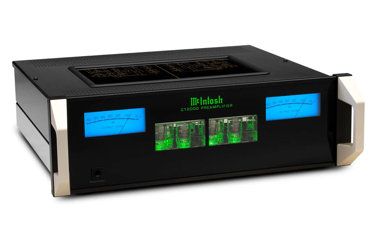 McIntosh C12000, 2-ių kanalų stereo lempinis pradinis stiprintuvas - lempos su žaliu apšvietimu ir matuokliai