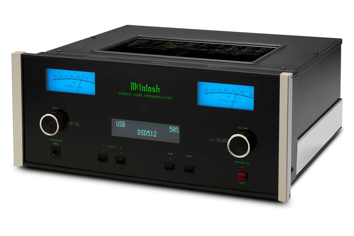 McIntosh C2800, 2-jų kanalų lempinis pradinis stereo stiprintuvas - viršutinė dalis su lemputėmis ir ventiliacija