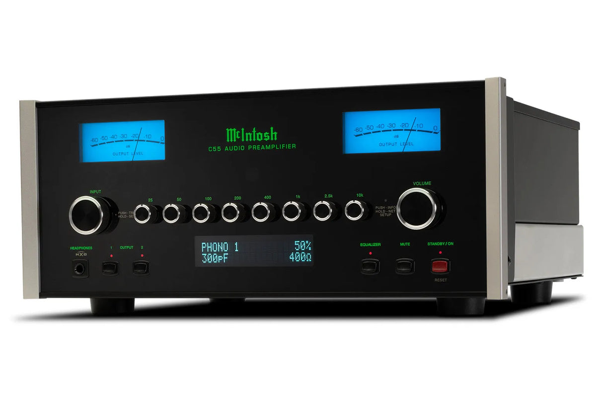 McIntosh C55, 2-jų kanalų tranzistorinis pradinis stereo stiprintuvas - Mėlyni indikatoriai ir skaitmeninis ekranas