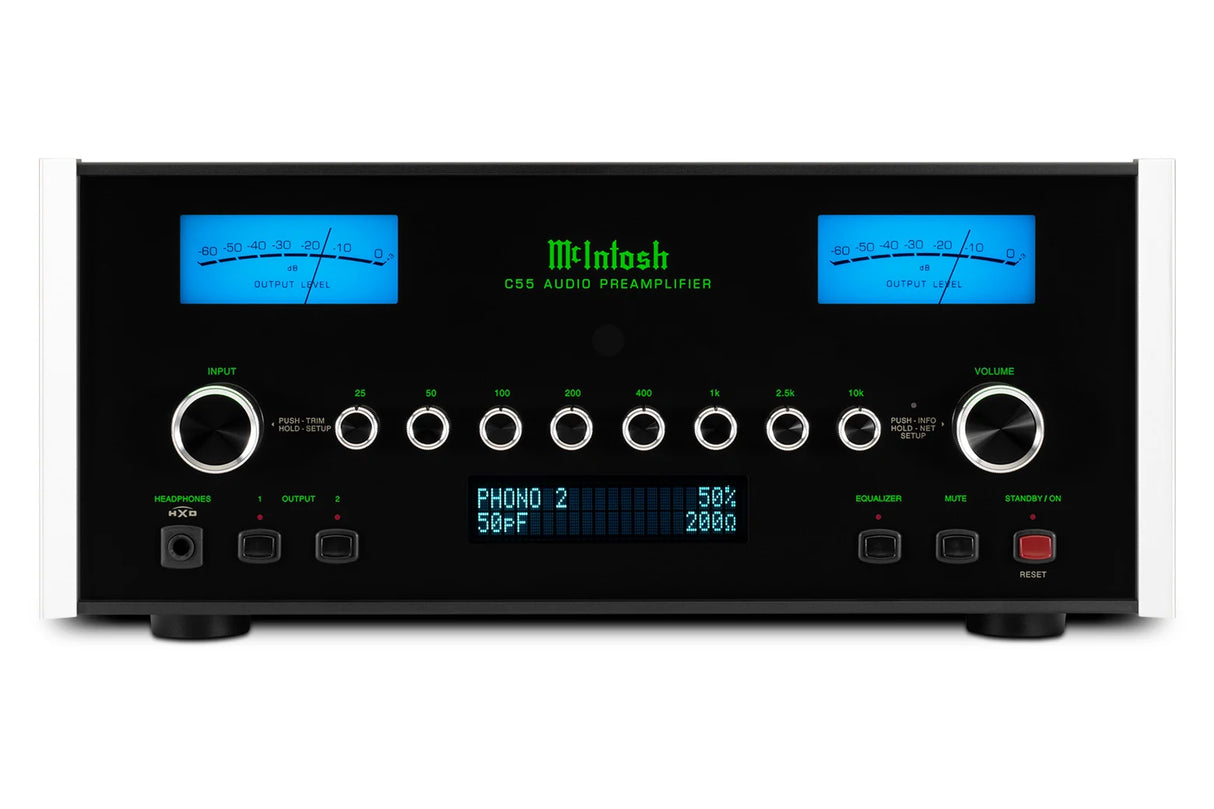 McIntosh C55, 2-jų kanalų tranzistorinis pradinis stereo stiprintuvas - skaitmeninis ekranas su nustatymais