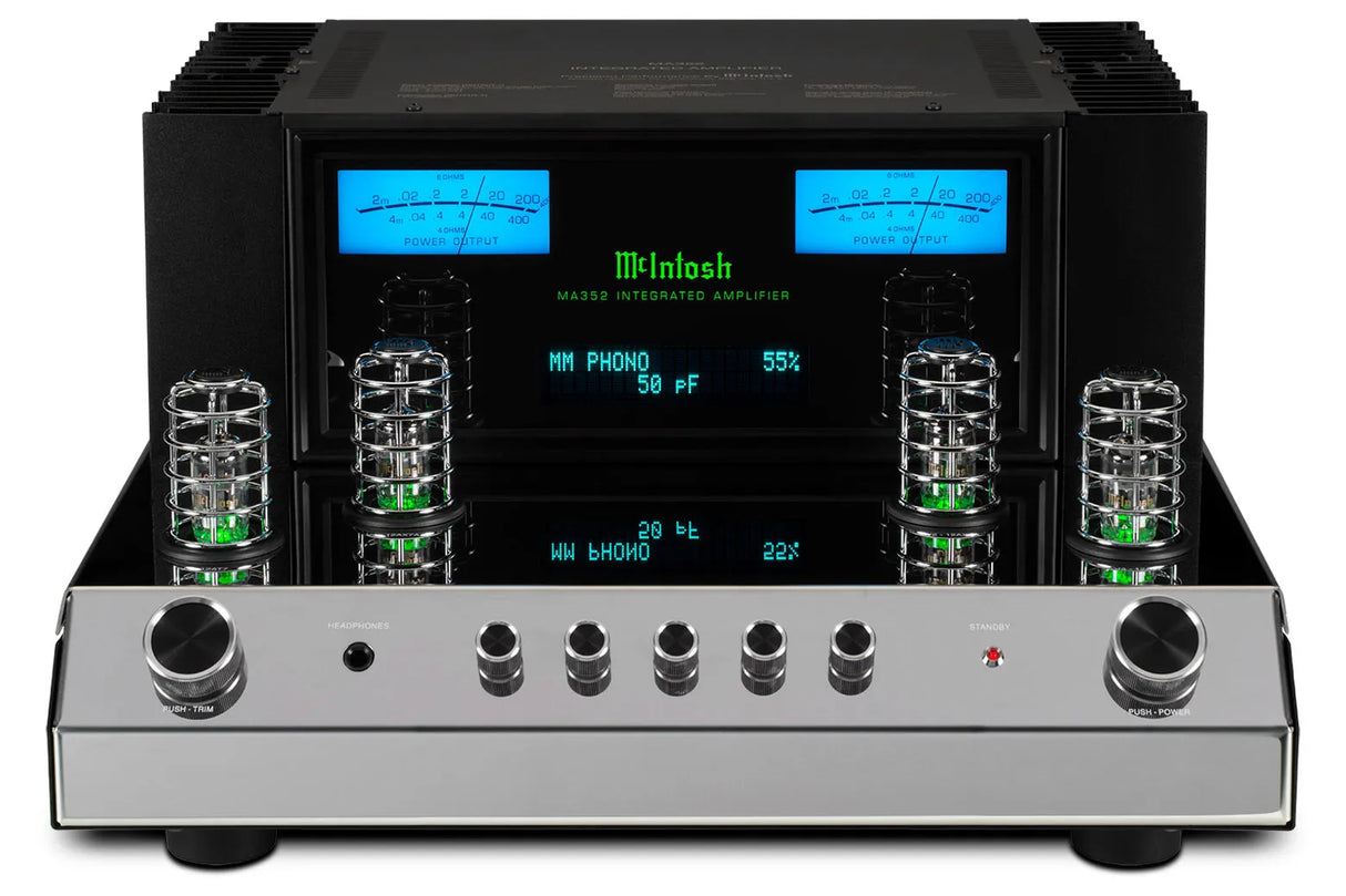 McIntosh MA352, 2-jų kanalų integruotas stereo stiprintuvas, 320W - matomi vamzdeliai su žaliu apšvietimu