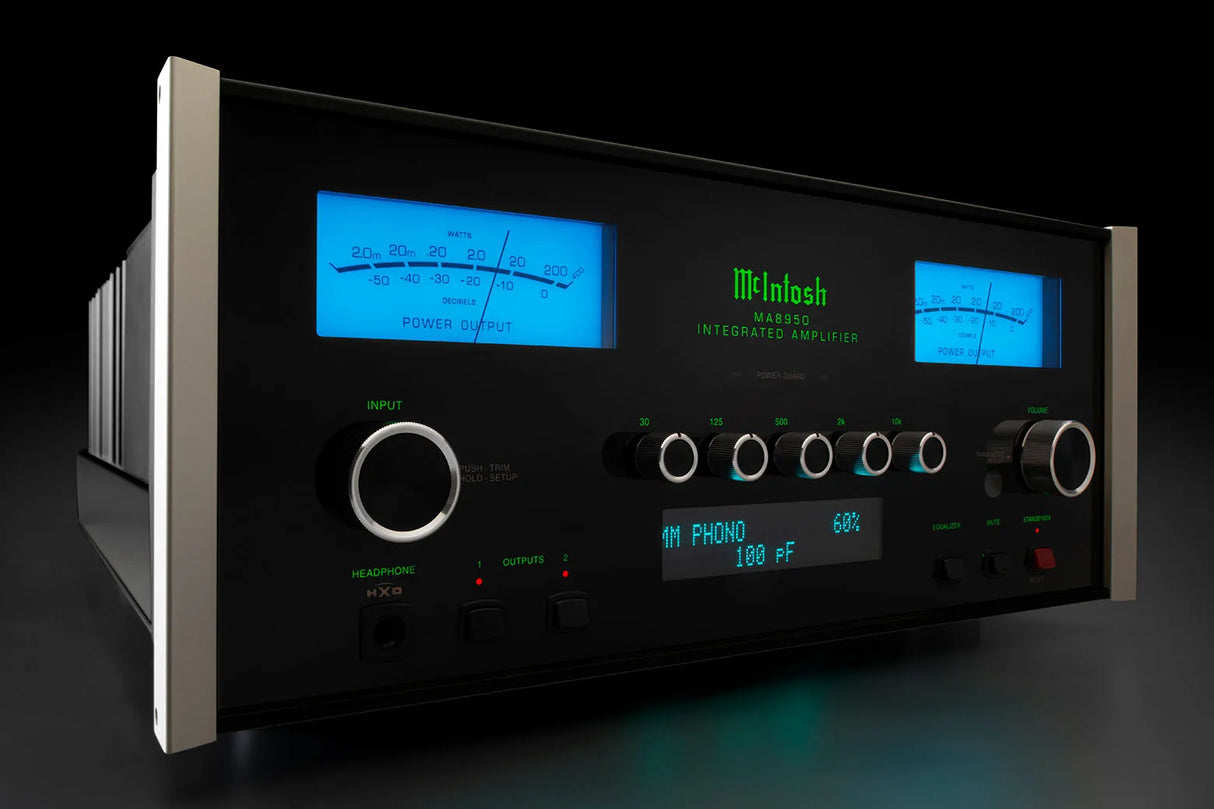 McIntosh MA8950, 2-jų kanalų integruotas stereo stiprintuvas - du mėlyni galios matuokliai ir mygtukai