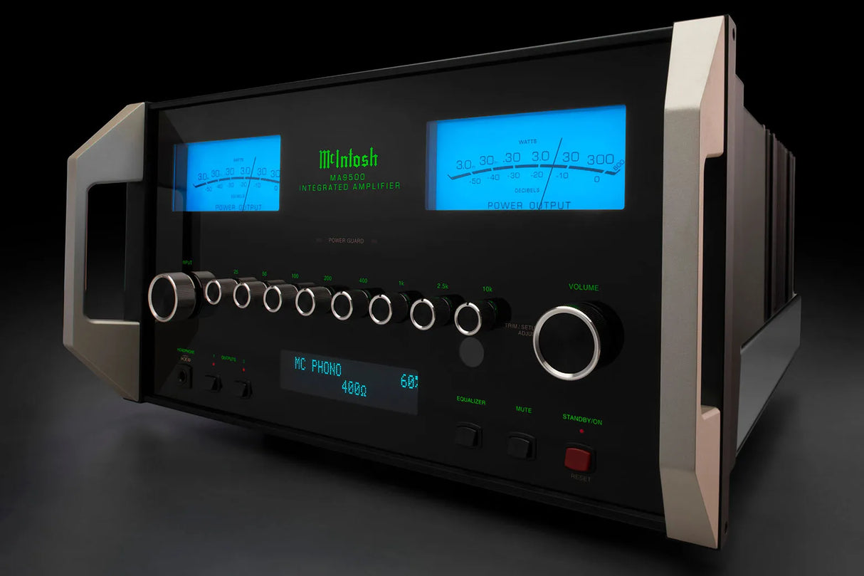 McIntosh MA9500, 2-jų kanalų integruotas stereo stiprintuvas - Mėlyni VU metrai ir valdymo mygtukai
