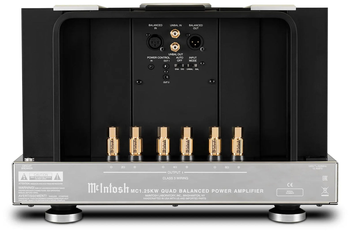 McIntosh MC1.25KW, monofoninis galios stiprintuvas 1200W - galinė panelė su jungtimis ir garsiakalbių išėjimais