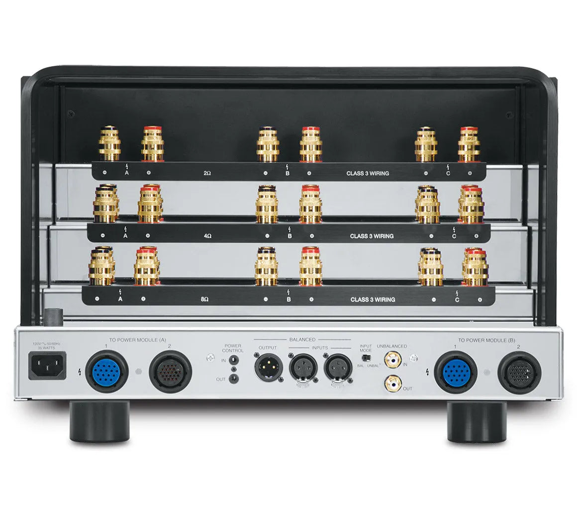 McIntosh MC2KW, monofoninis galios stiprintuvas, 2000W - Galinė panelė su jungtimis ir garsiakalbių išėjimais