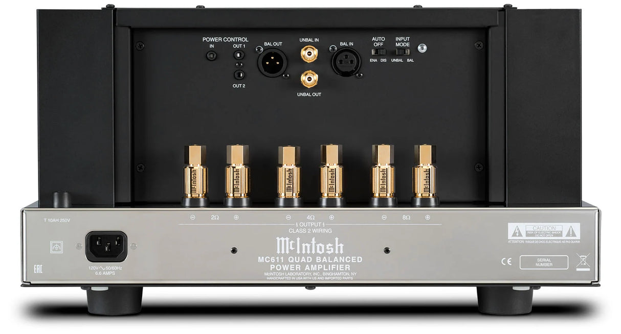 McIntosh MC611, monofoninis galios stiprintuvas, 600W - Galinė panelė su jungtimis ir garsiakalbių išėjimais