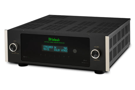 McIntosh MHT300, 7.2 kanalo namų kino stiprintuvas su Dolby Atmos, Dirac Live - priekinė panelė su ekranu ir valdymo ratukais