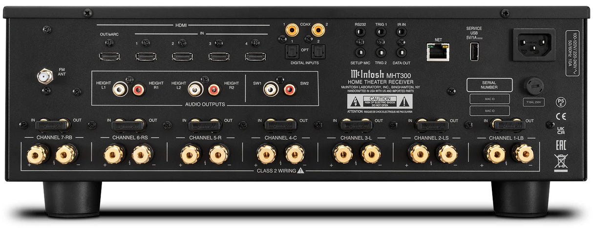 McIntosh MHT300, 7.2 kanalo namų kino stiprintuvas su Dolby Atmos, Dirac Live - Galinė panelė su daugybe jungčių