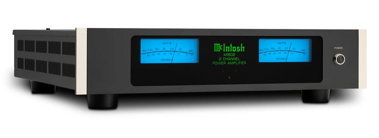 McIntosh MI502, 2-jų kanalų stereo galios stiprintuvas - du mėlyni VU metrai ir maitinimo mygtukas