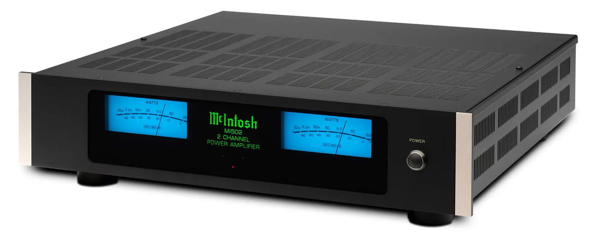 McIntosh MI502, 2-jų kanalų stereo galios stiprintuvas - Priekinė panelė su mėlynais indikatoriais