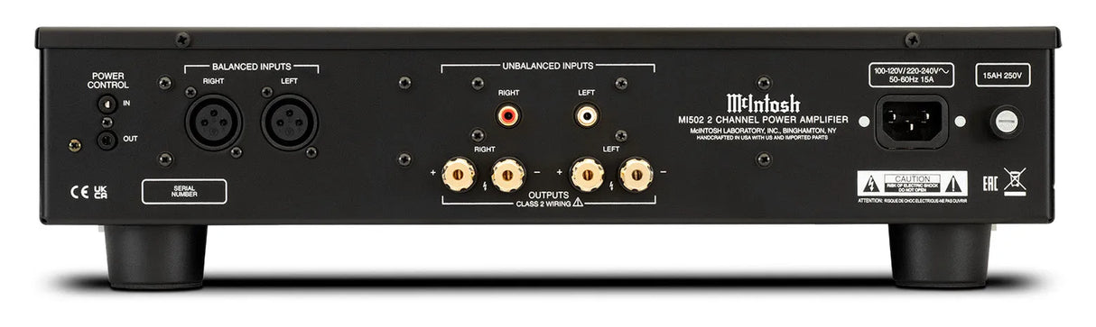 McIntosh MI502, 2-jų kanalų stereo galios stiprintuvas - galinė panelė su jungtimis ir sertifikatais