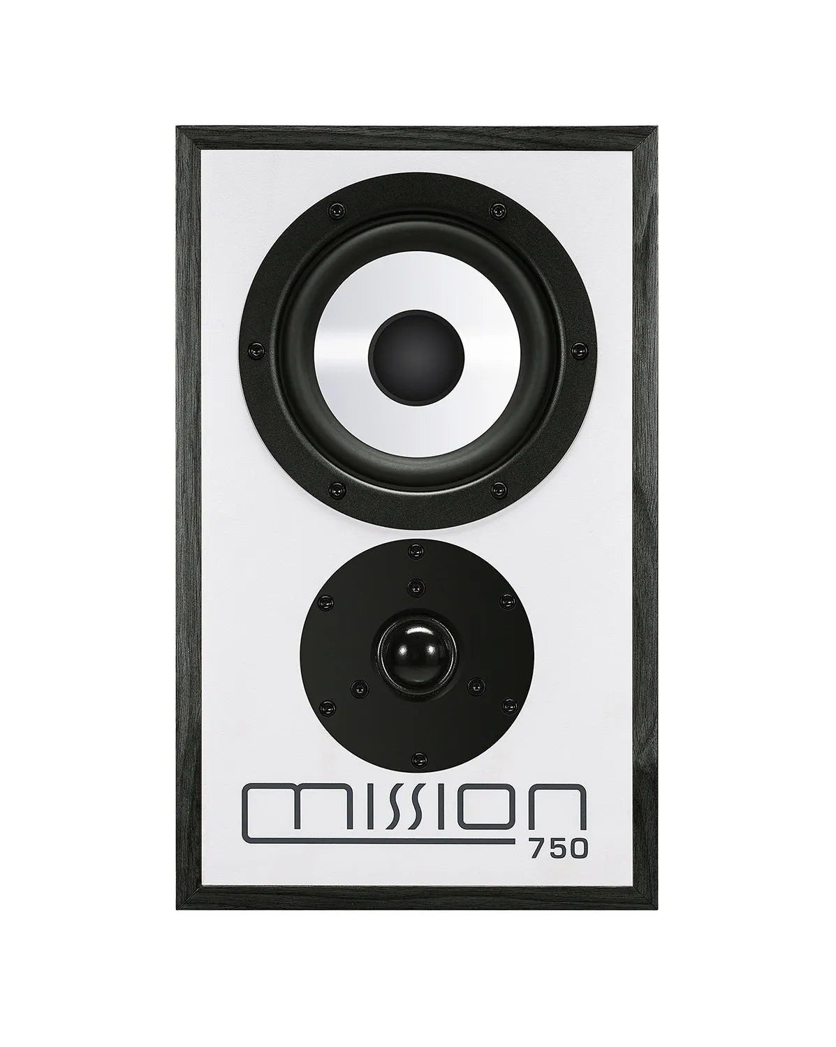 Mission 750, lentyninės garso kolonėlės - dviejų garsiakalbių priekis su logotipu