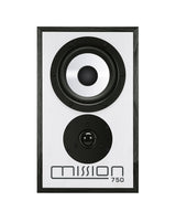 Mission 750, lentyninės garso kolonėlės - dviejų garsiakalbių priekis su logotipu