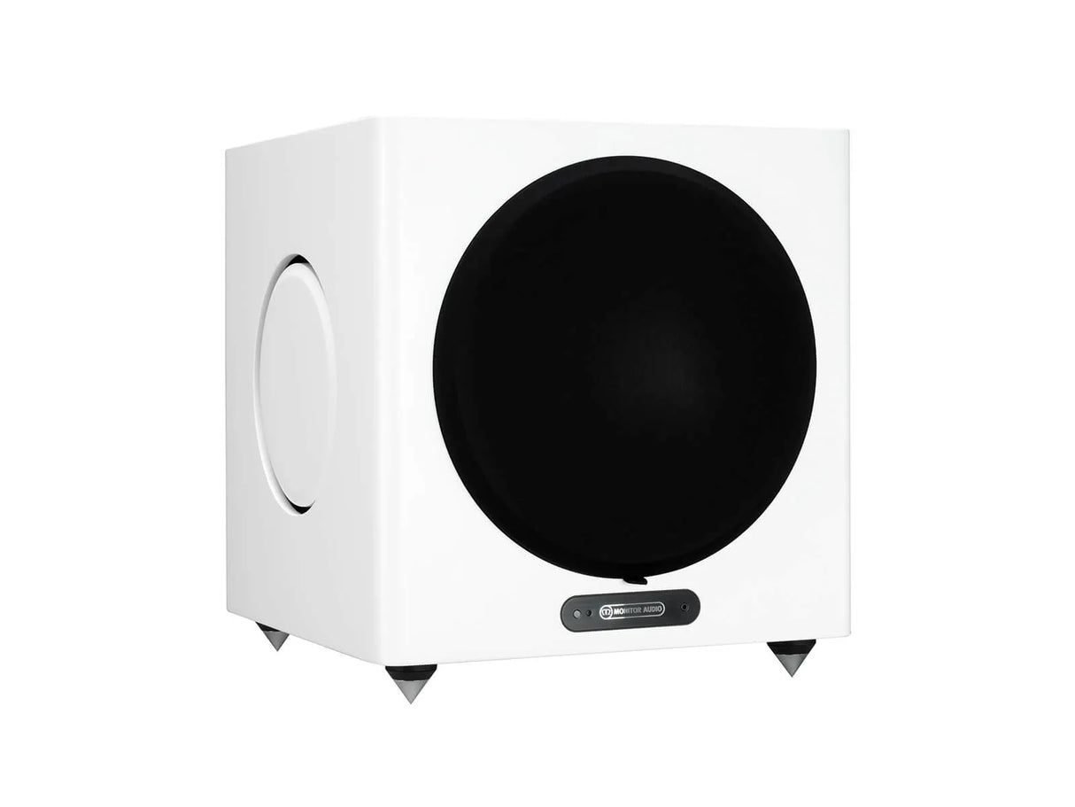 Monitor Audio Gold W12, žemų dažnių garso kolonėlė (įvairių spalvų) - Šoninis vaizdas su apvalia anga ir logotipu
