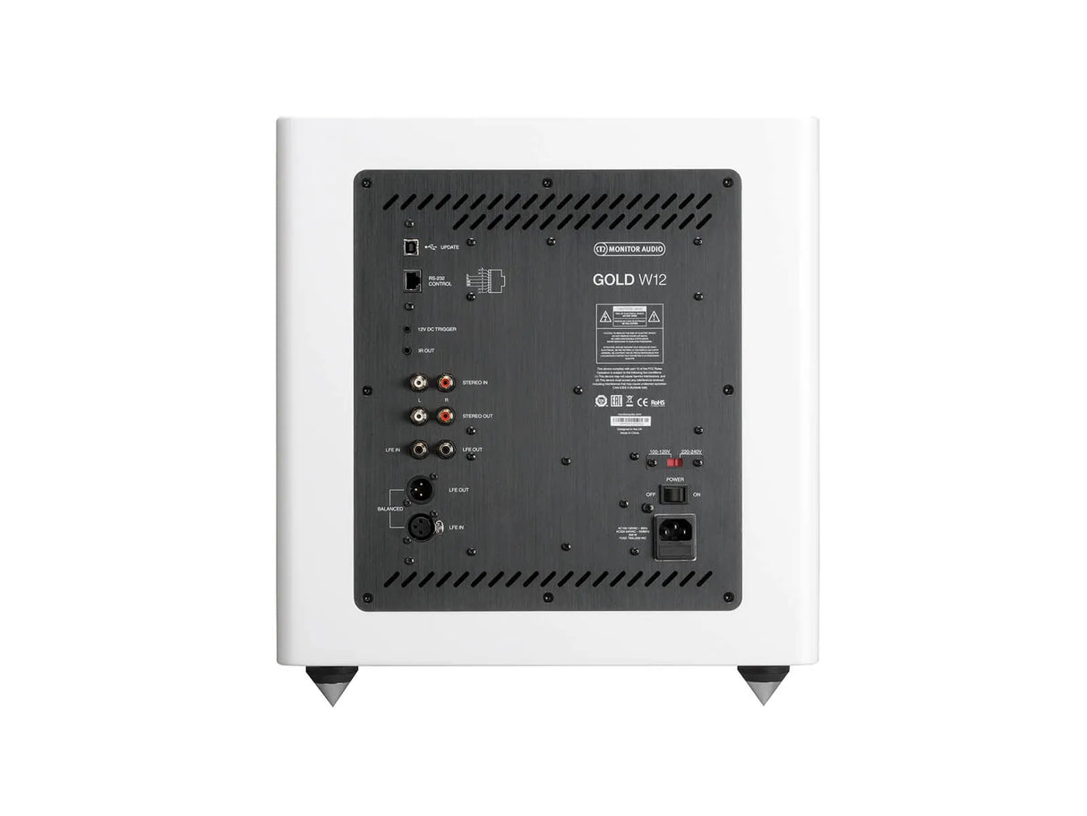 Monitor Audio Gold W12, žemų dažnių garso kolonėlė (įvairių spalvų) - galinė panelė su daugybe jungčių