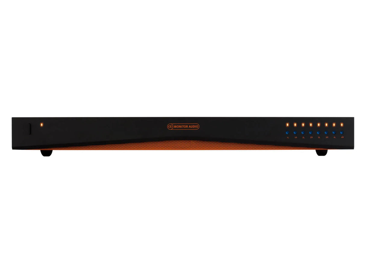 Monitor Audio IA150-8C, instaliacinis garso stiprintuvas - priekinė panelė su indikatoriais ir logotipu