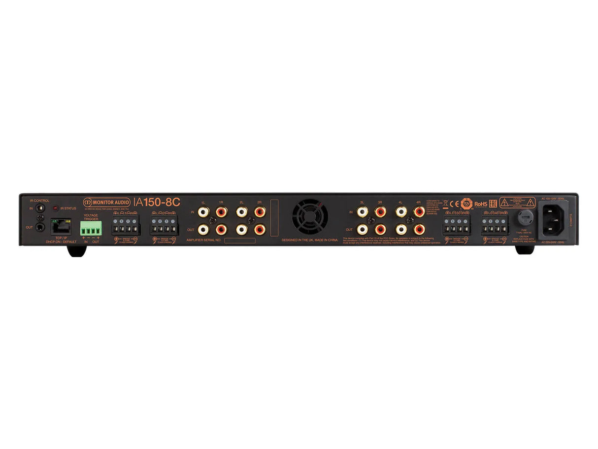 Monitor Audio IA150-8C, instaliacinis garso stiprintuvas - galinė panelė su daugybe jungčių ir ventiliatoriumi