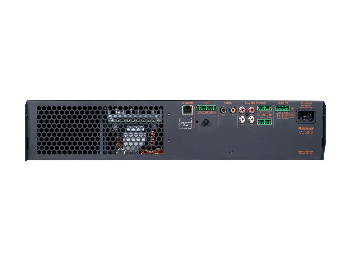 Monitor Audio IA750-2, 2-jų kanalų instaliacinis garso stiprintuvas - galinė panelė su daugybe jungčių