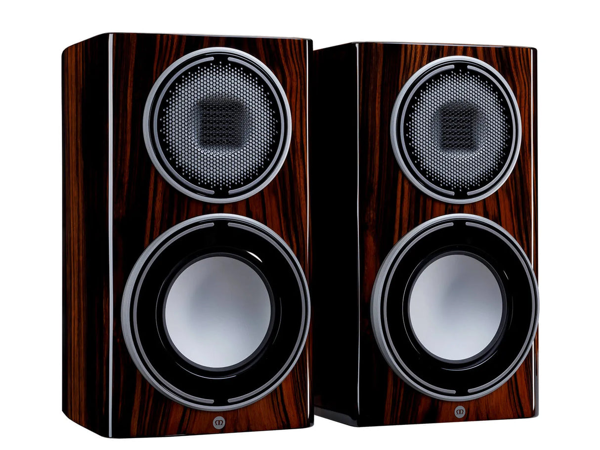 Monitor Audio Platinum 100 3G, lentyninės garso kolonėlės - Šoninis vaizdas su medžio raštu ir garsiakalbiais